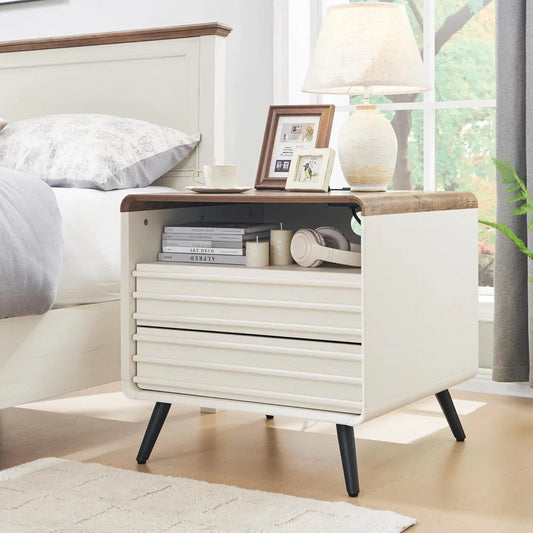 24 Inch Nightstand with Charger Station Mid Century Modern End Table