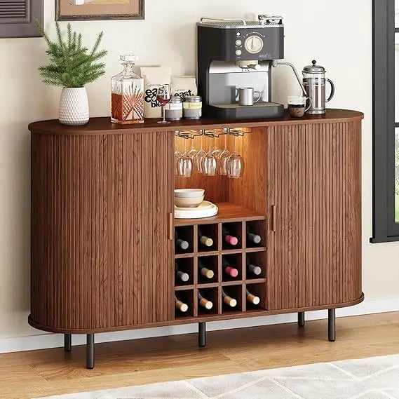 Modern 55 Inch Wine Bar Cabinet with LED Lighting and Wine Rack