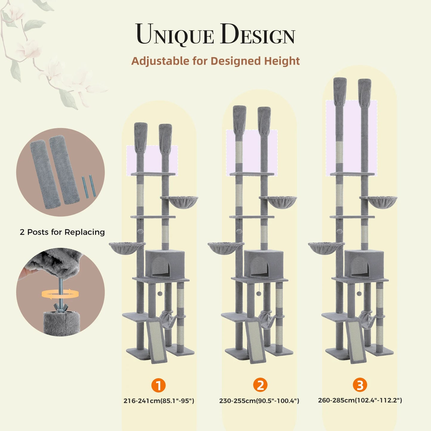 Cactus Cat Tree Floor to Ceiling Cat Tower 7 Tiers with Hammocks and Scratching Posts