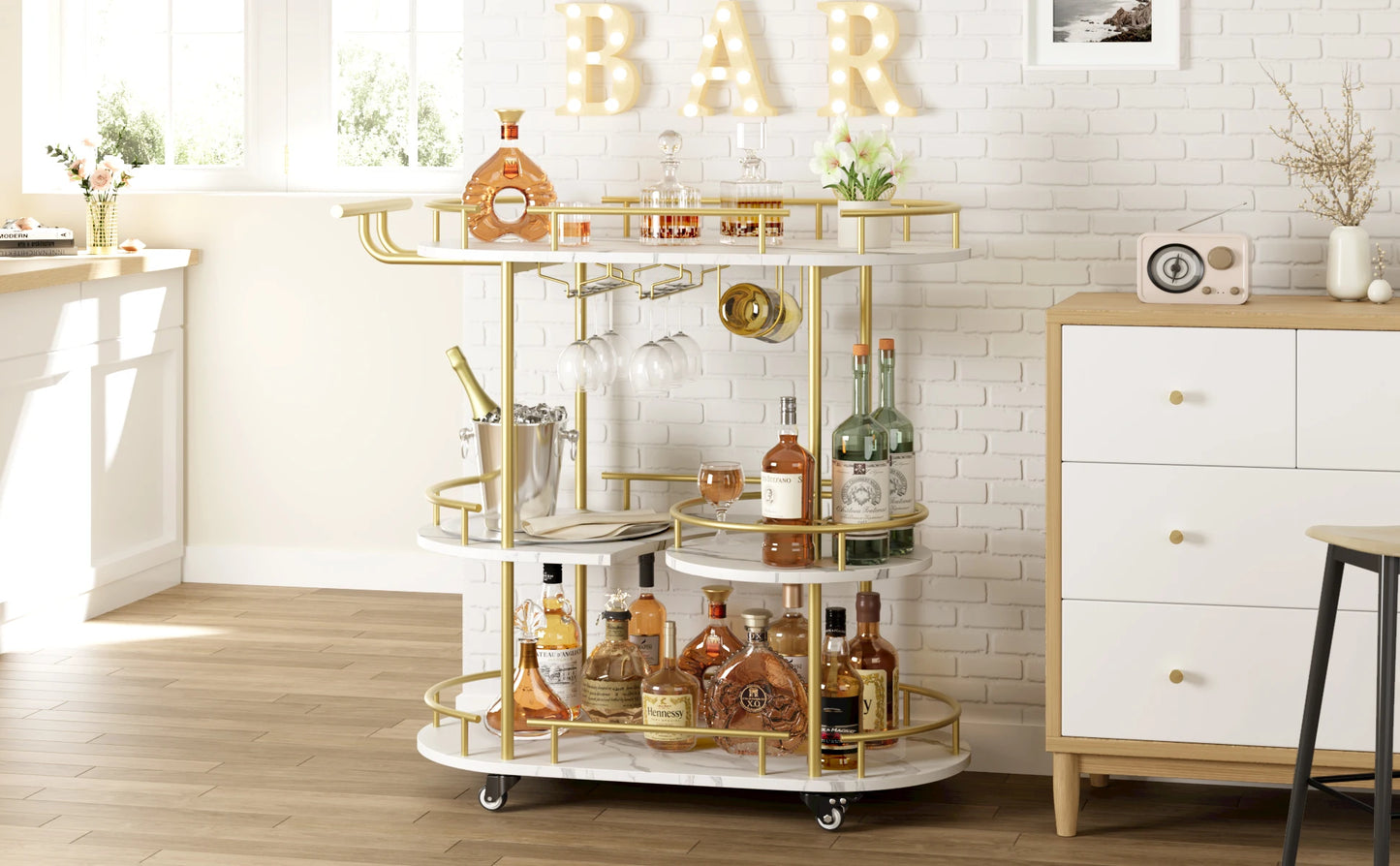 Gold Bar Cart 3 Tier Rotating Bar Serving Cart with Wine Rack and Wheels