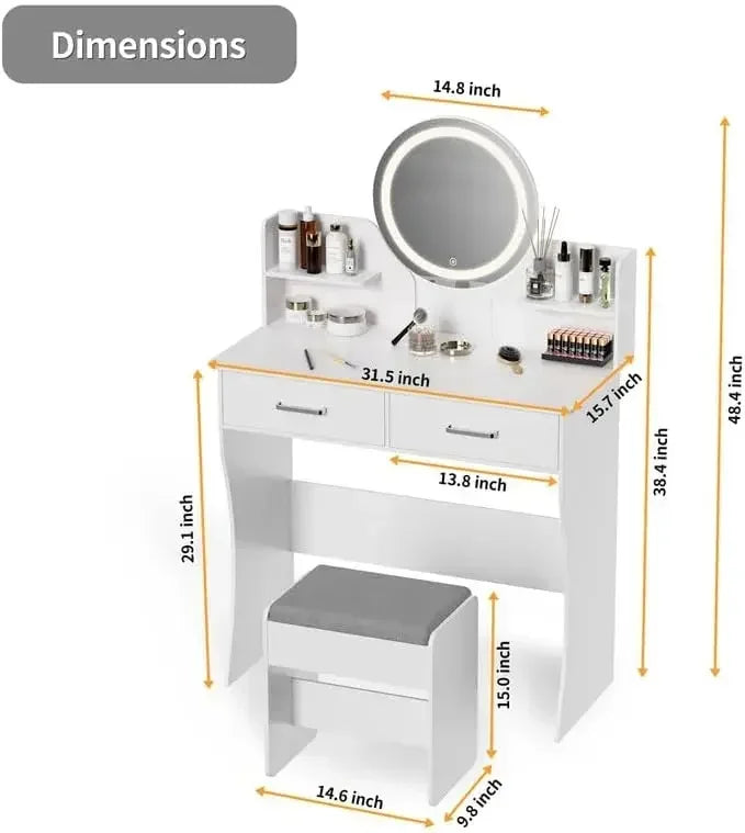 Vanity Desk with Mirror and Lights Makeup Table Set Storage Chair