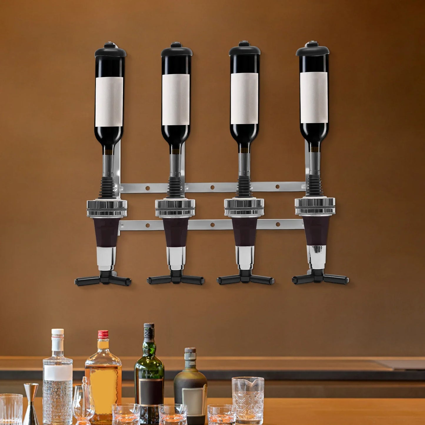 Wall Mounted 4 Bottle Dispenser Whiskey Rack Holder Wine Cocktail Shelf