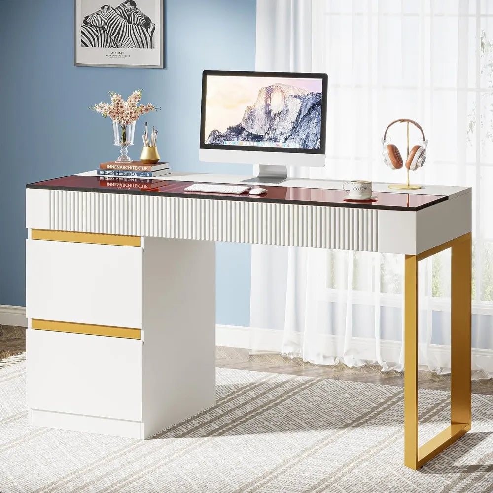 Modern Makeup Vanity Desk with Glass Top and 4 Storage Drawers