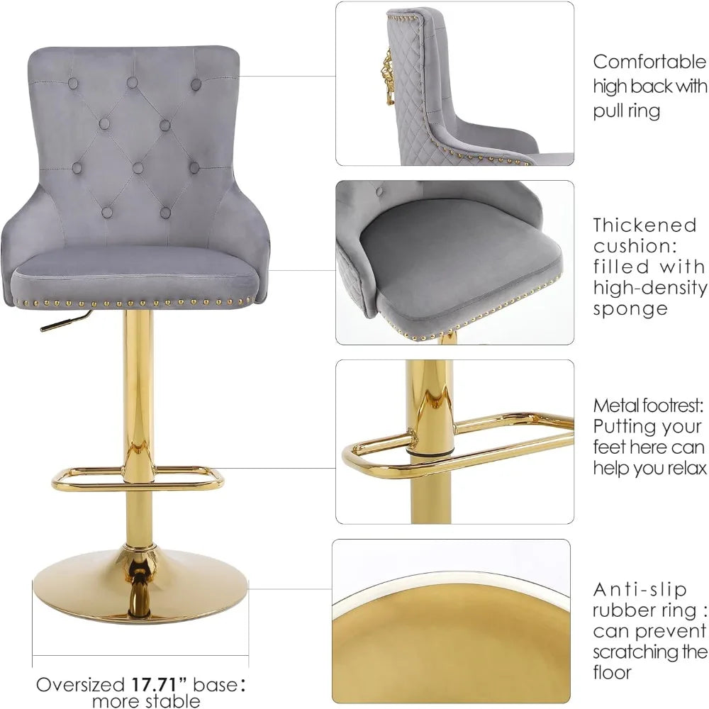 Velvet Gold Barstools Set of 2 Adjustable Swivel Modern High Back