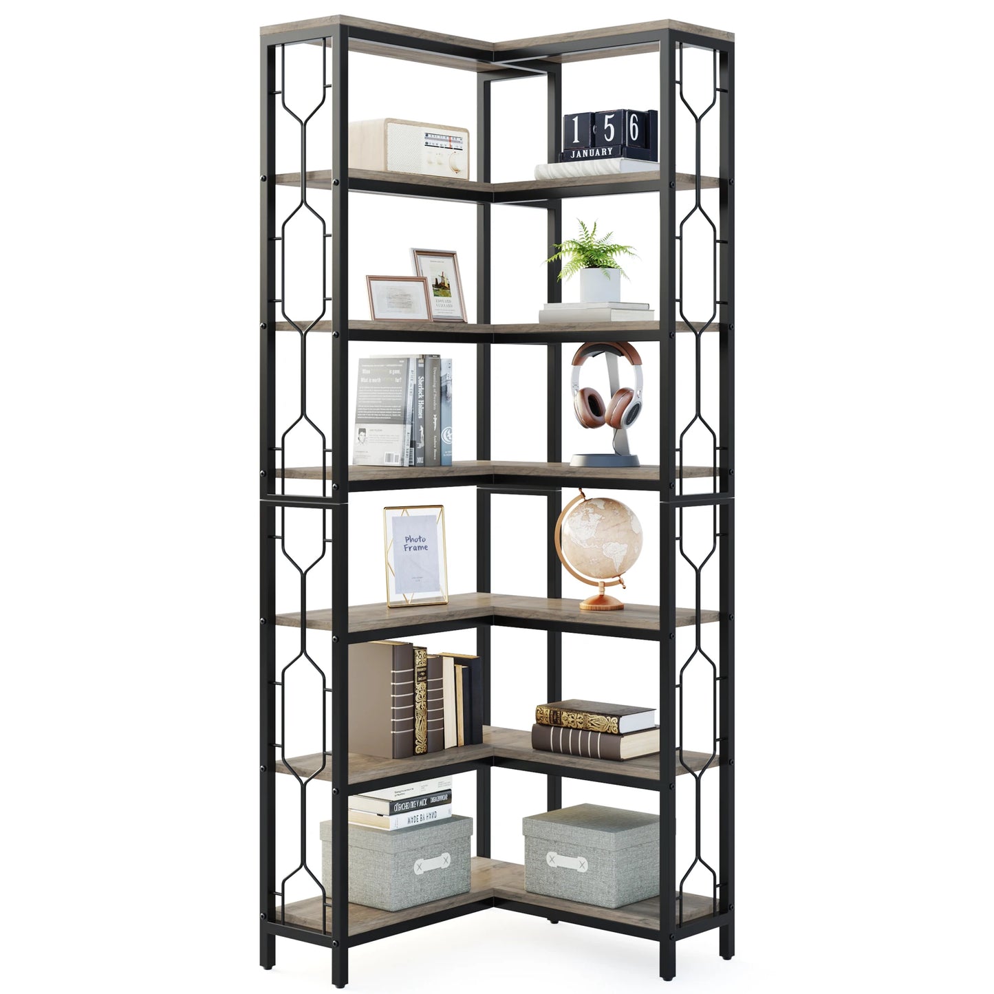 Ljustra 7-Shelf Corner Bookshelf Modern Corner Bookcase Storage Rack