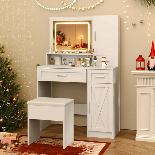 Makeup Vanity Desk with Mirror LED Lights Dressing Table and Stool Set