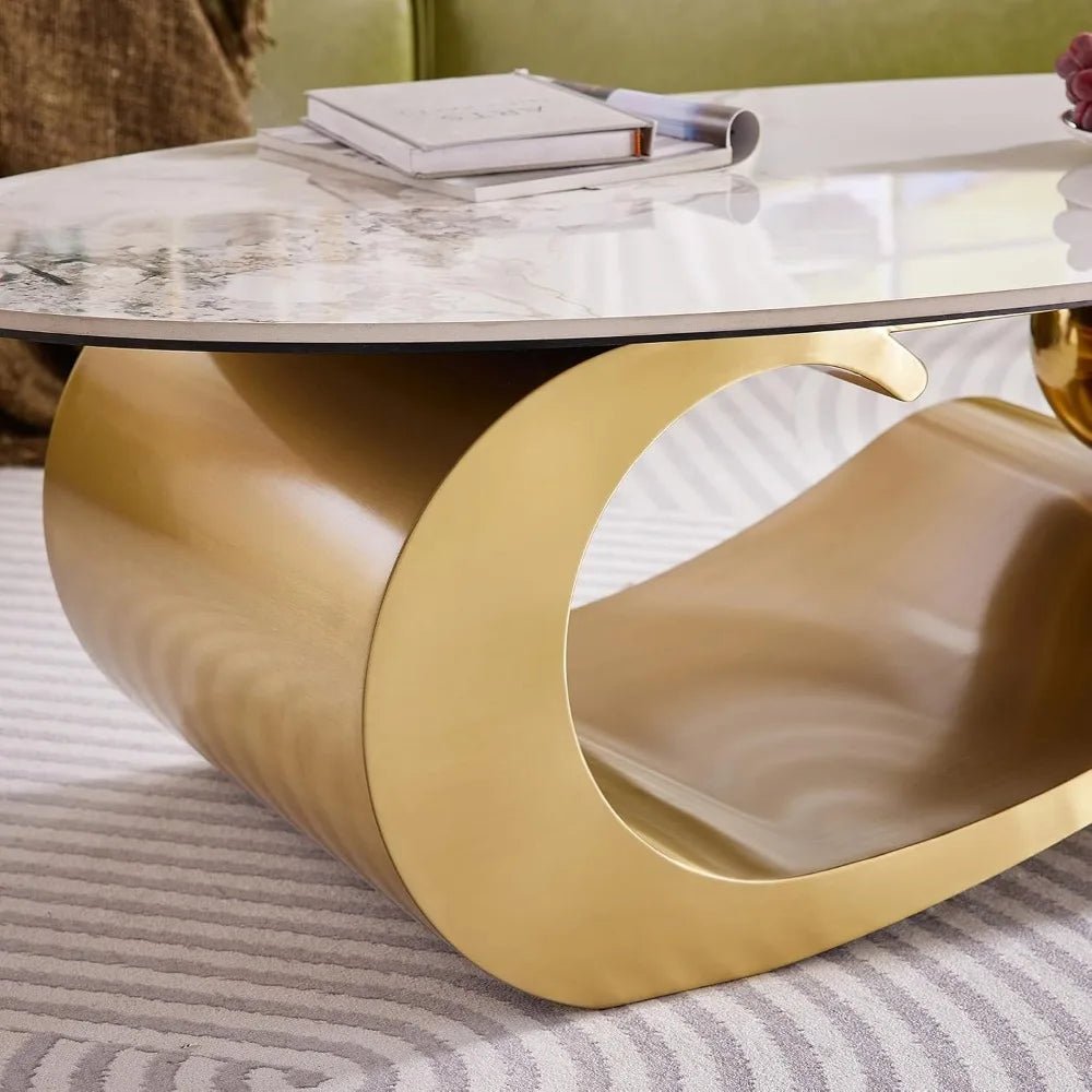 Modern Oval Faux Marble Coffee Table with Gold Metal Base for Living Room