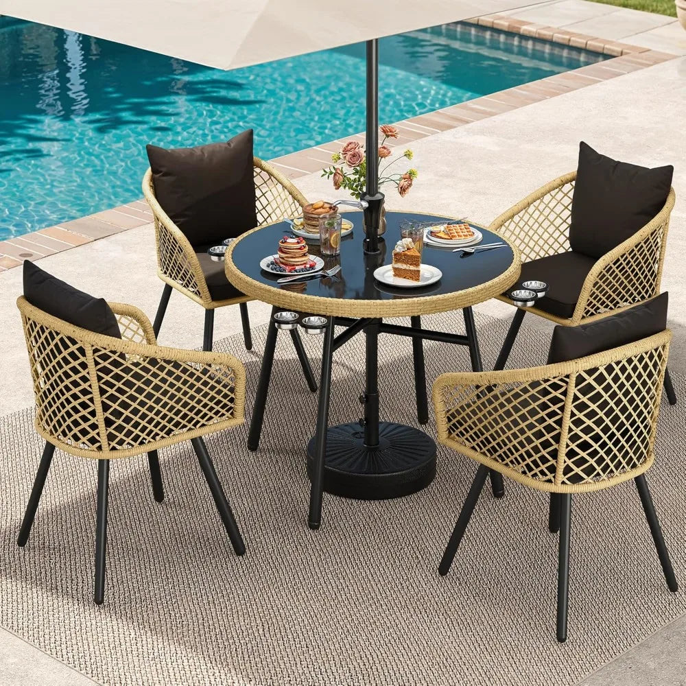 5 Piece Outdoor Dining Set with Rattan Chairs and Glass Top Table