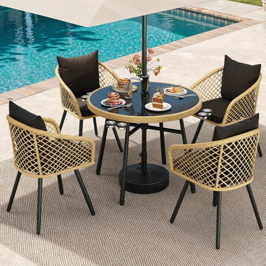 5 Piece Outdoor Dining Set with Rattan Chairs and Glass Top Table