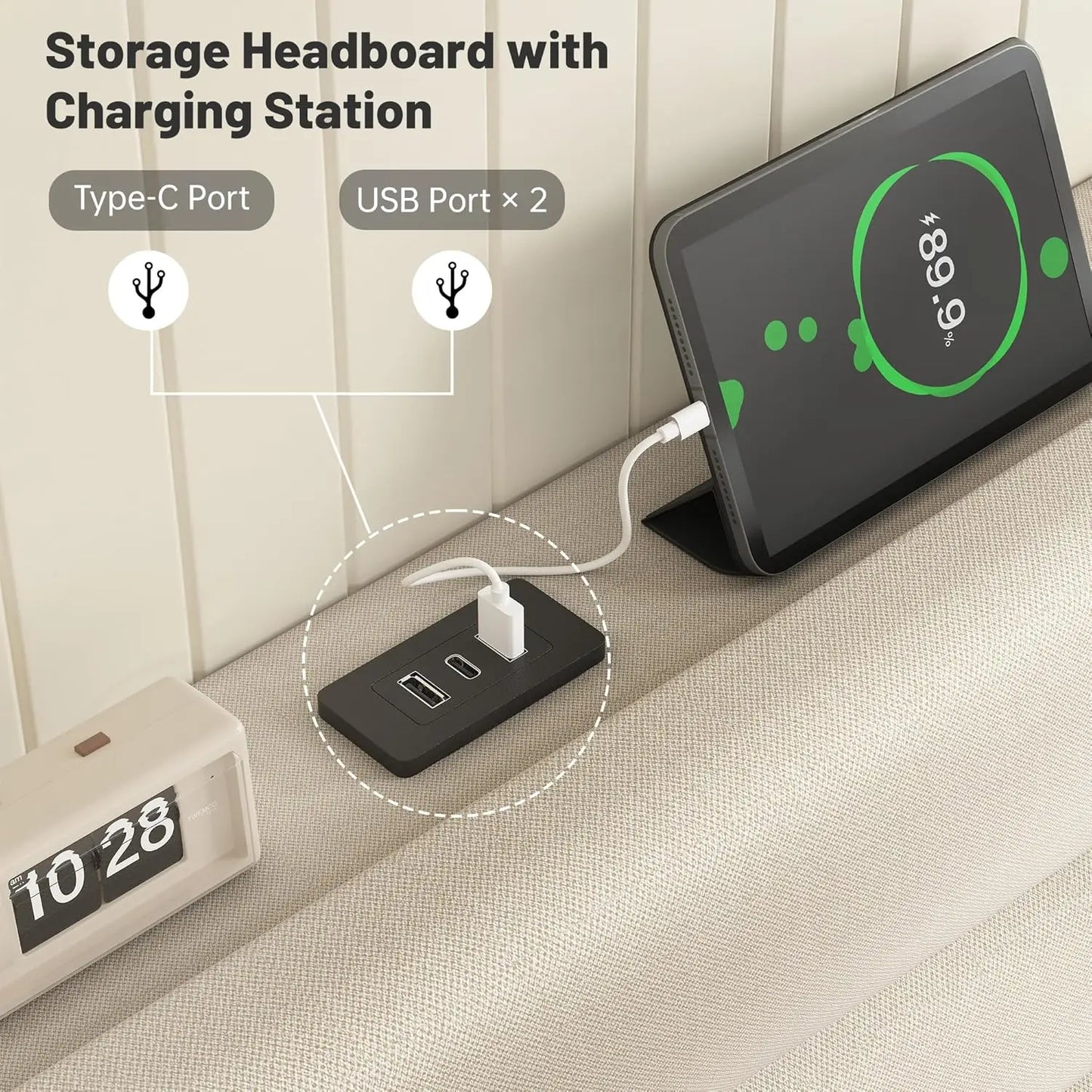 Queen Bed Frame Upholstered Headboard Storage Charging Station Easy Assembly