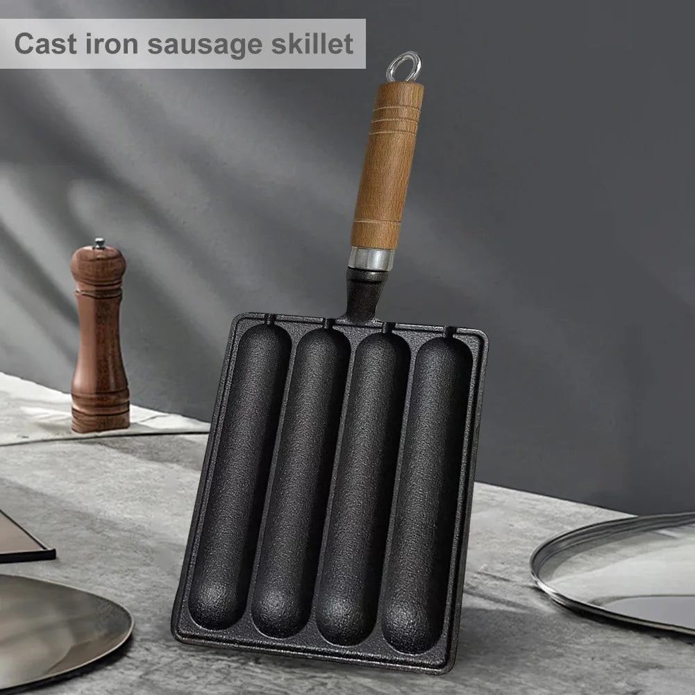Cast Iron Pre-Seasoned Sausage Pan Non-Stick Hot Dog Mold with Wooden Handle