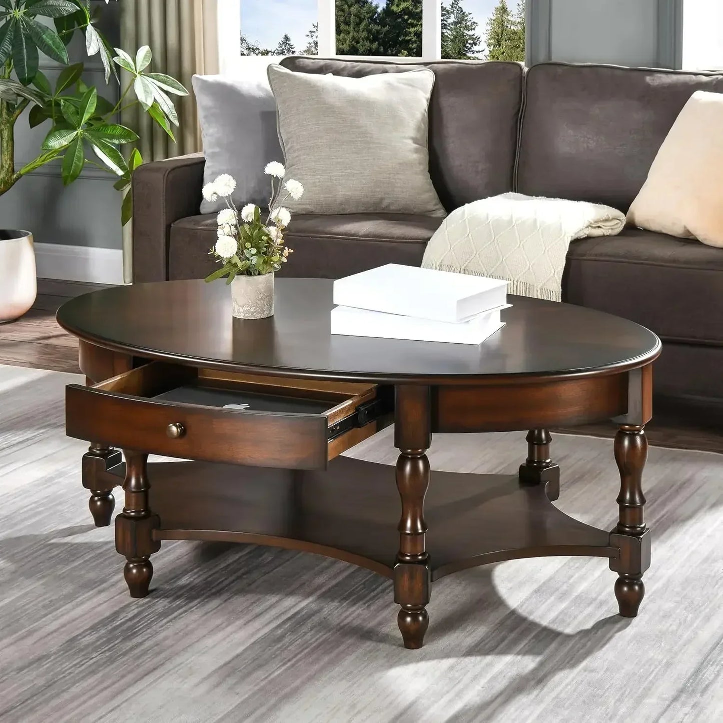 Solid Wood Oval Coffee Table with Storage Drawer Vintage Style