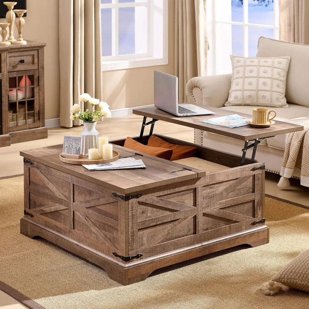 Farmhouse Lift Top Coffee Table with Hidden Storage Rustic Design