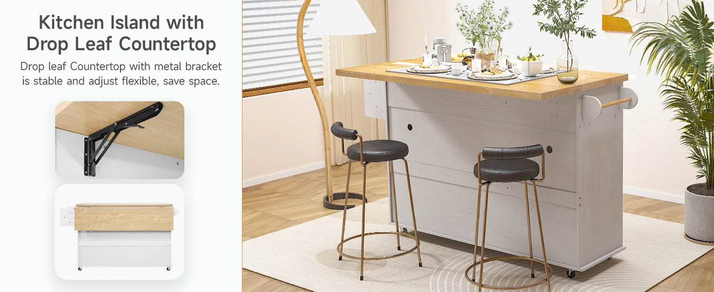 60" Mobile Kitchen Island Rolling Trolley with Power Outlet and Spice Rack