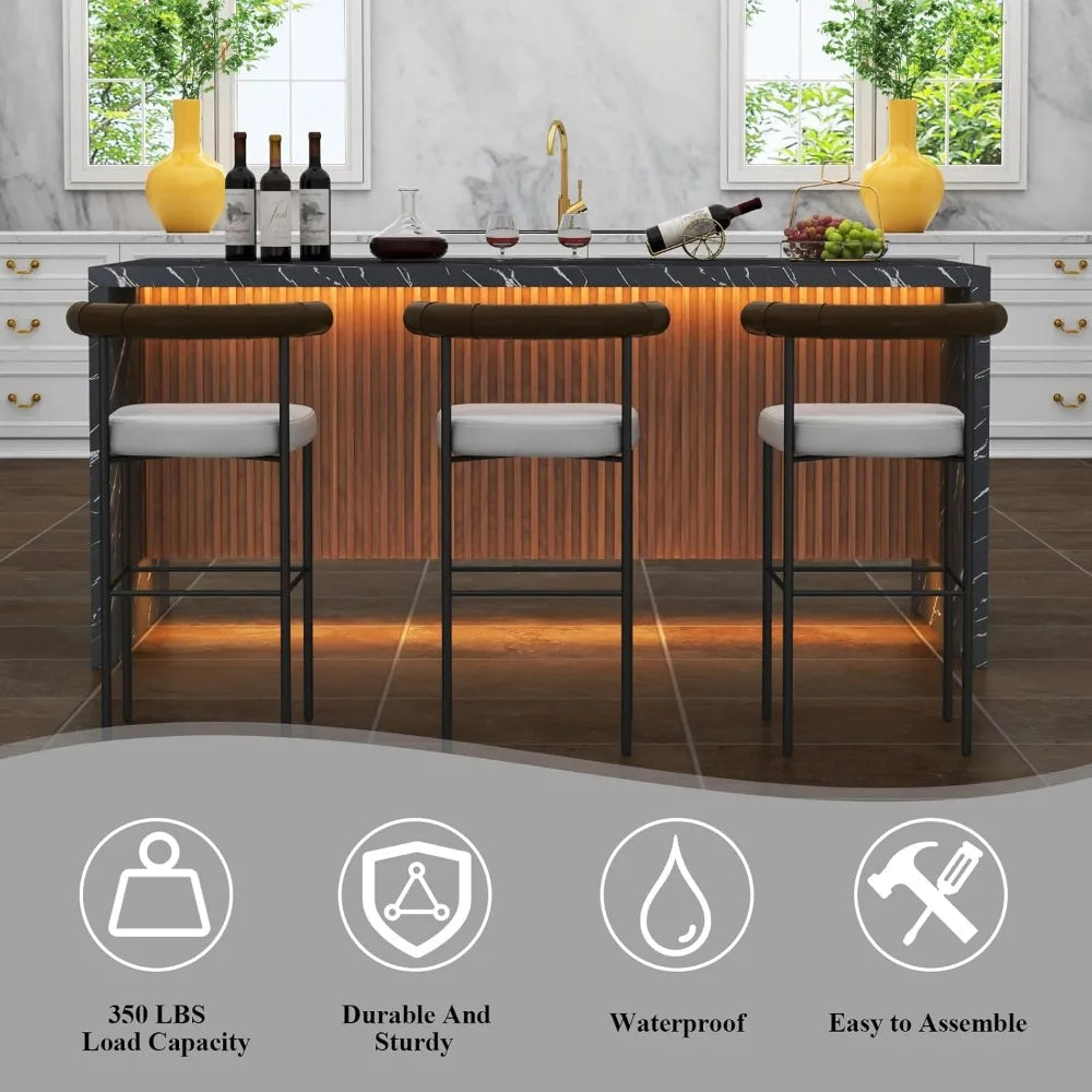 71 Inch Large Imitation Marble Dining Table with LED Lights for 4-6