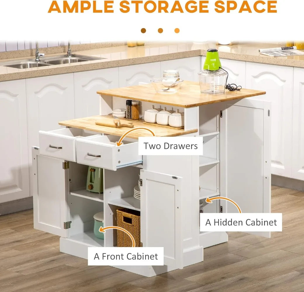 Kitchen Island Storage Cabinet with Adjustable Shelves Rubber Wood Top