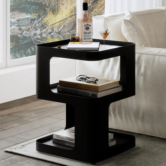 Modern Unique Nightstand Black Metal Side Table with Storage for Bedroom