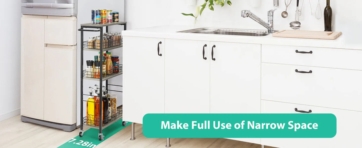 4-Tier Slim Storage Cart with Wheels Mobile Kitchen Organizer Space Saver