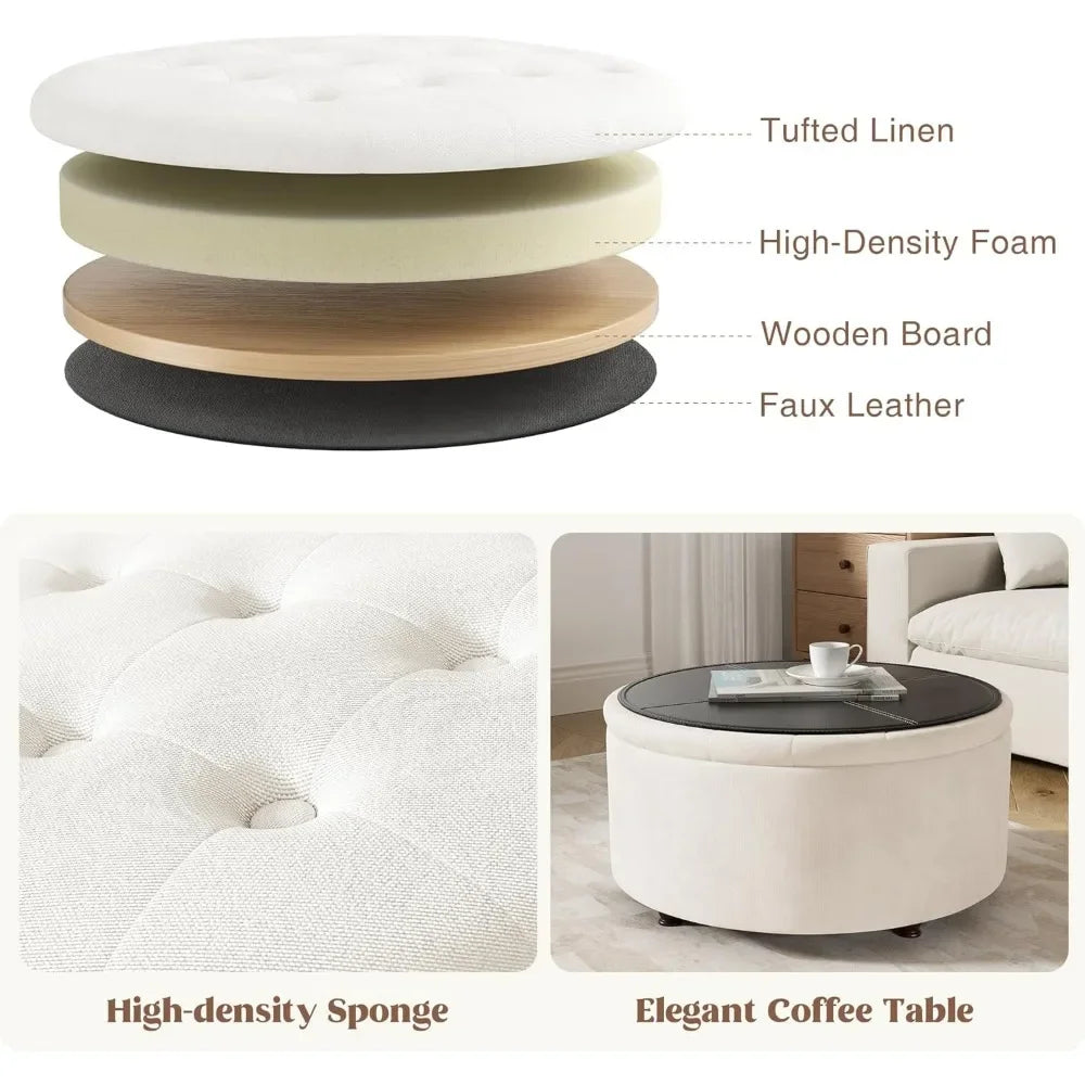 30 Inch Round Storage Ottoman Modern Tufted Coffee Table Upholstered