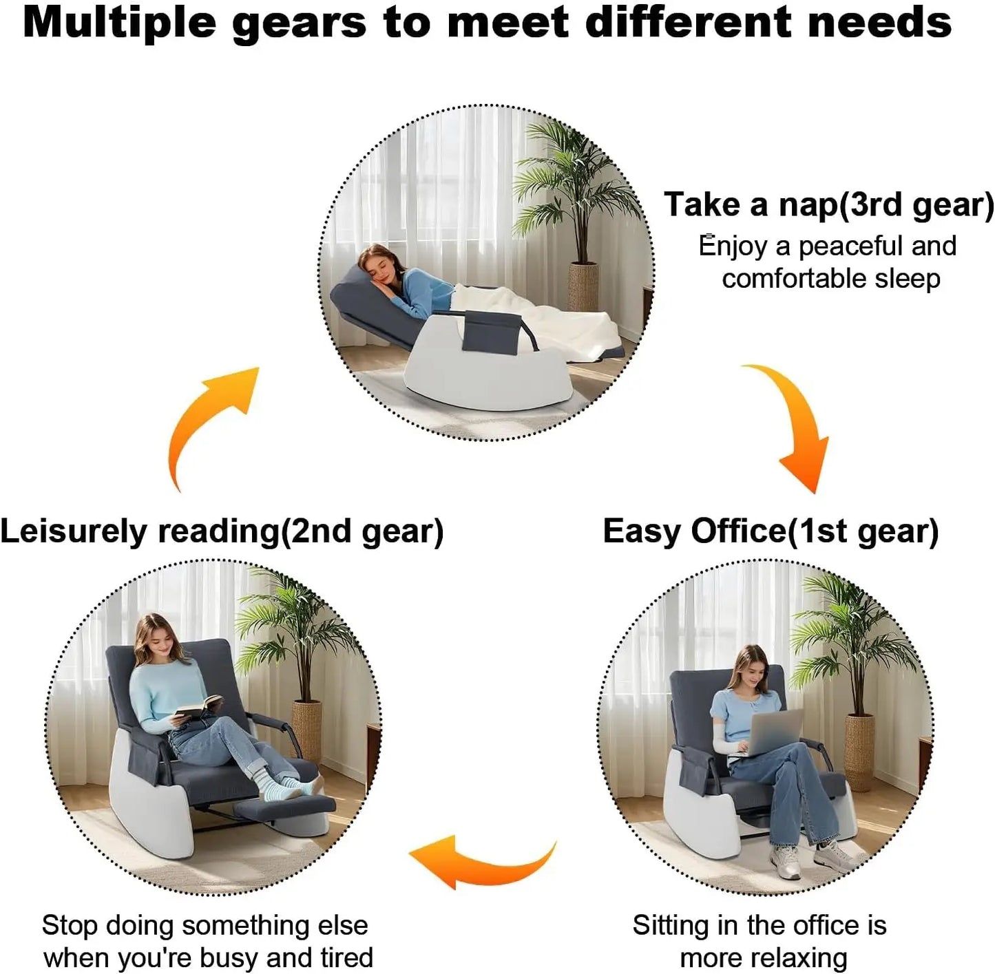 Ljustra Rocking Recliner Chair Modern Sofa Upholstered Glider 3 Levels