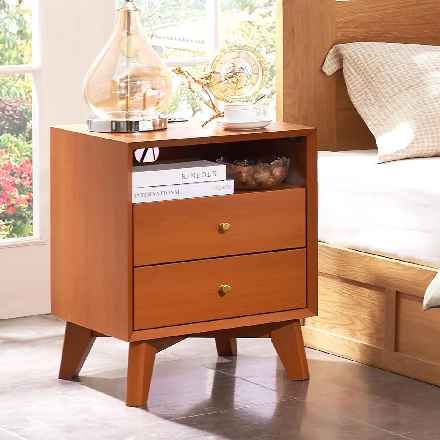 Nightstand with Charging Station Mid Century Modern Side Table Storage