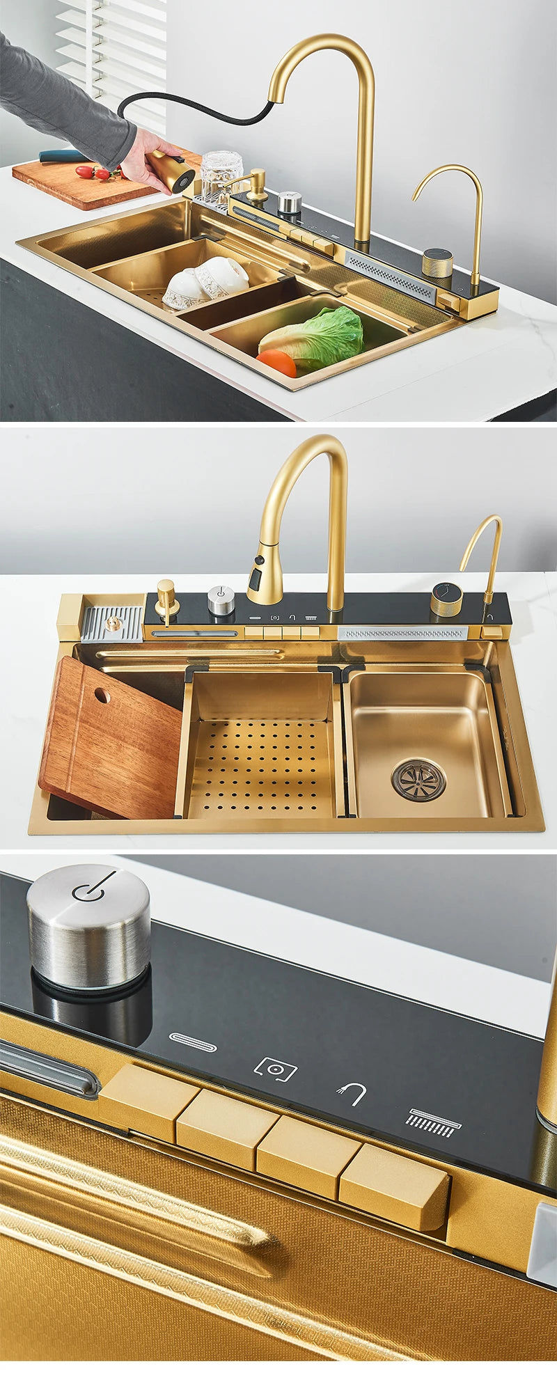 Large Stainless Steel Kitchen Sink with Waterfall Faucet and Display