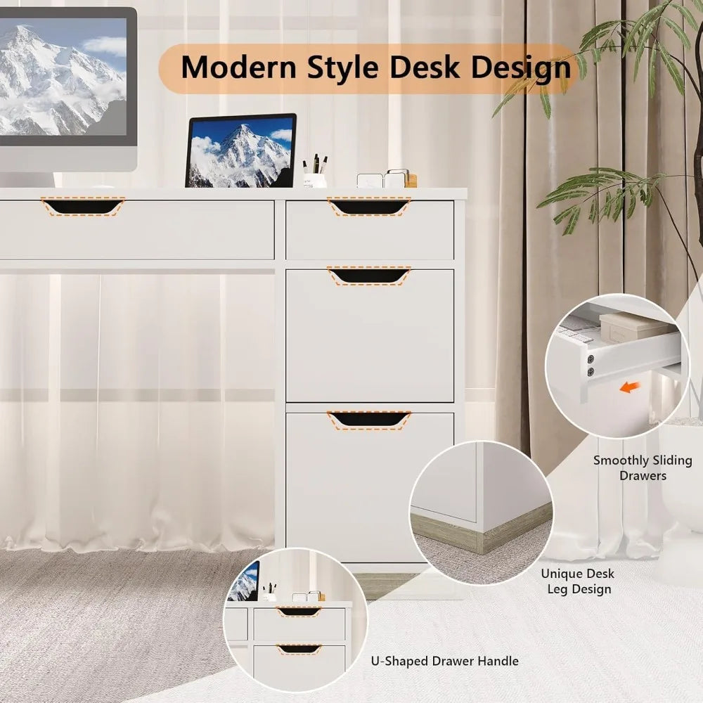 54 Inch White Desk with 7 Storage Drawers Home Office Computer Desk