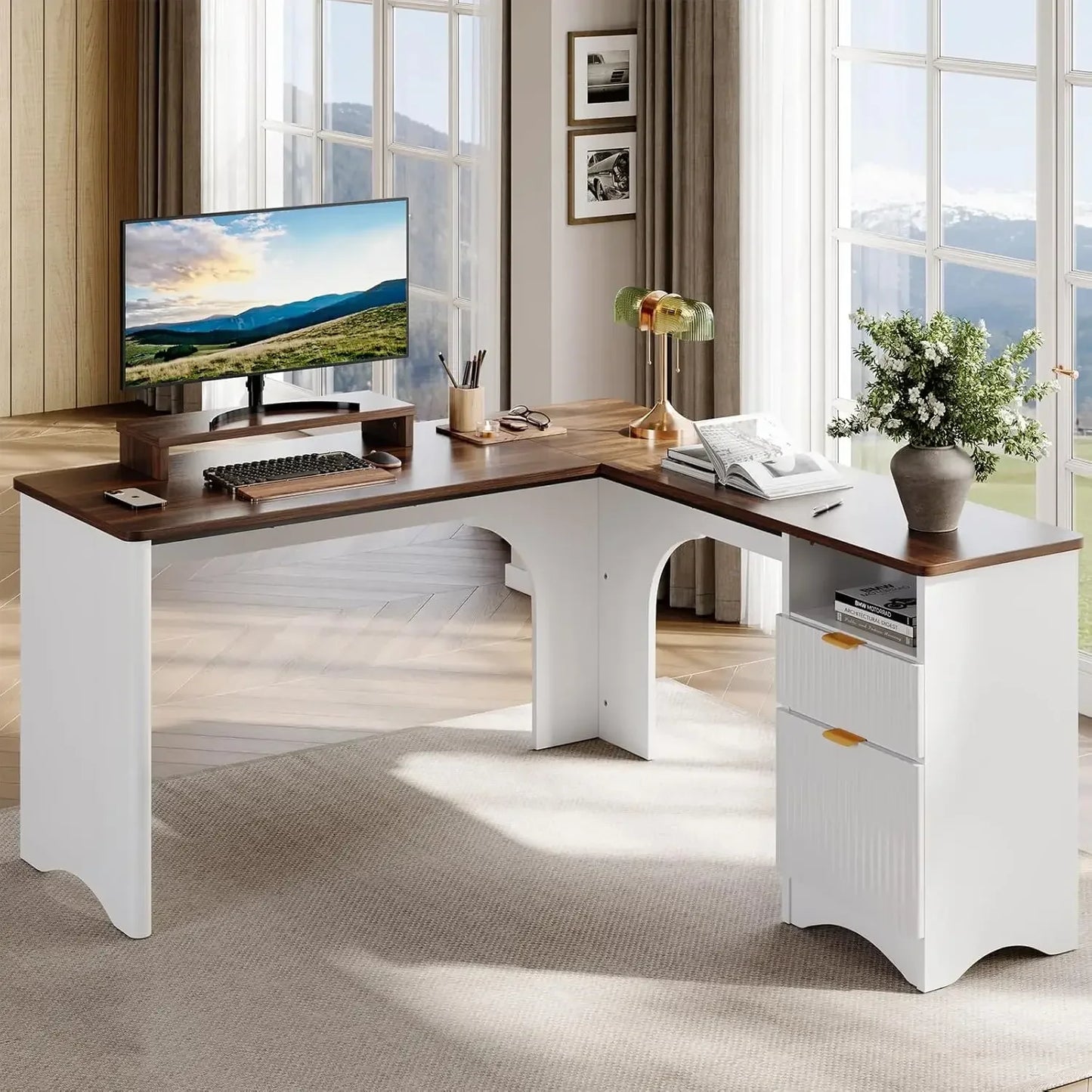 L Shaped Office Desk with File Drawer Modern Computer Desk 55.7" x 55"