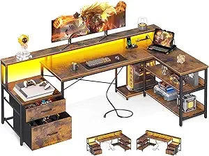 L Shaped Desk with File Drawer Power Outlet LED Lighting Home Office