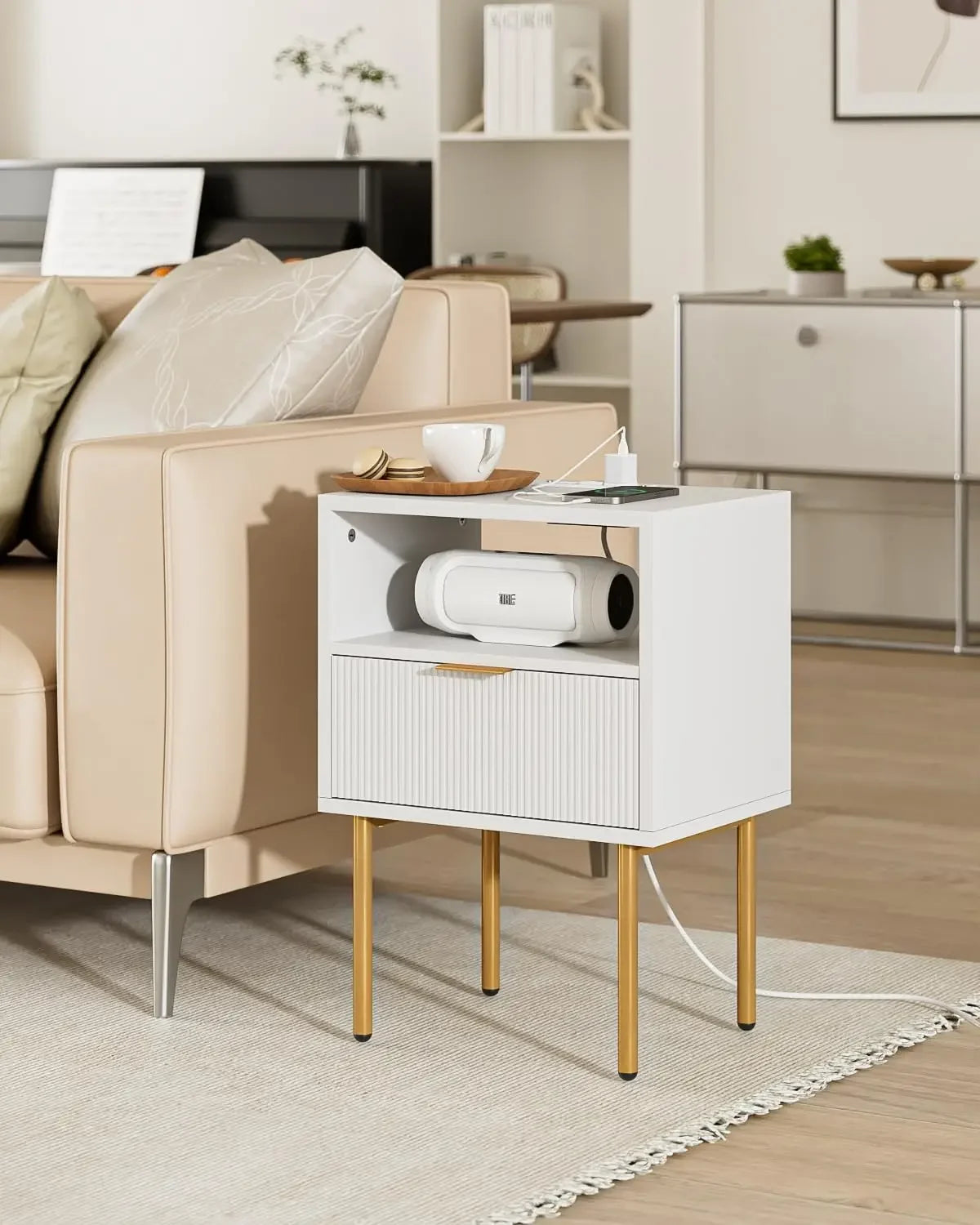 Small Bedside Table Gold Frame White Nightstand Drawer Shelf Furniture