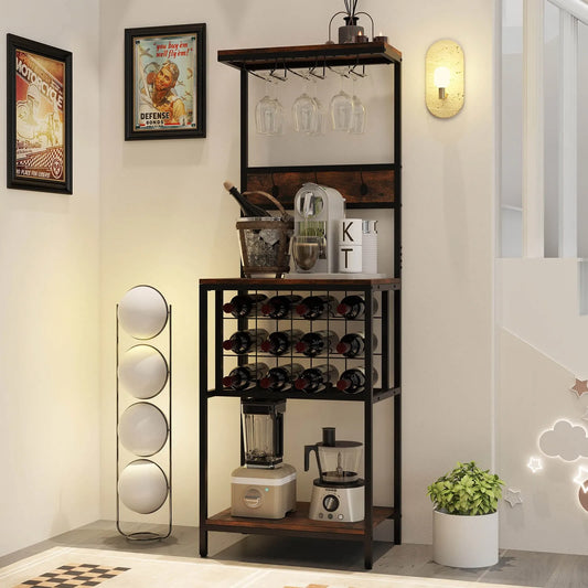 Freestanding Wine Rack with Countertop Glass Holder and Shelf