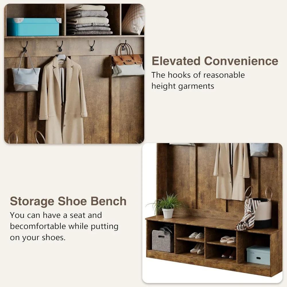 Home Hall Tree Entryway Bench Shoe Storage Coat Rack Organizer