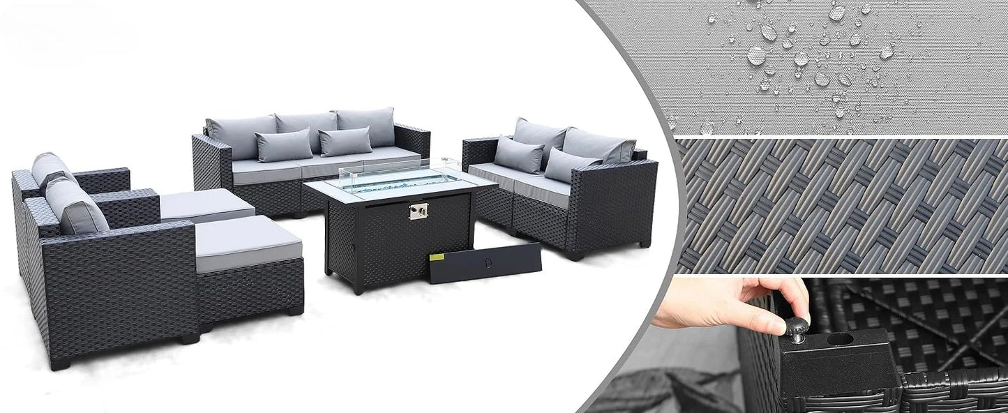 7 Piece Outdoor Furniture Set with Propane Fire Pit Table and Cushions