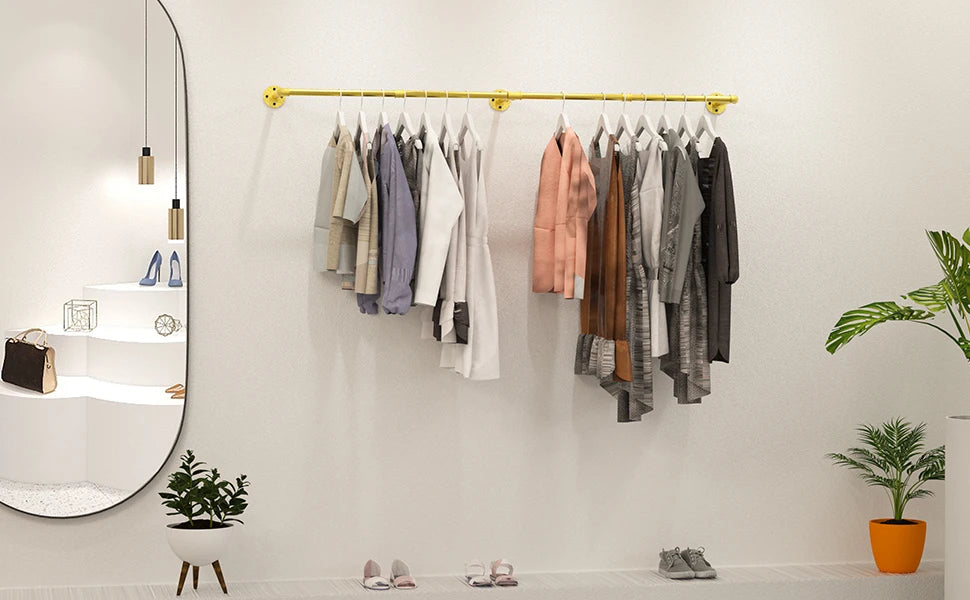 Wall Mounted Industrial Pipe Clothes Rack Space Saving Garment Rail