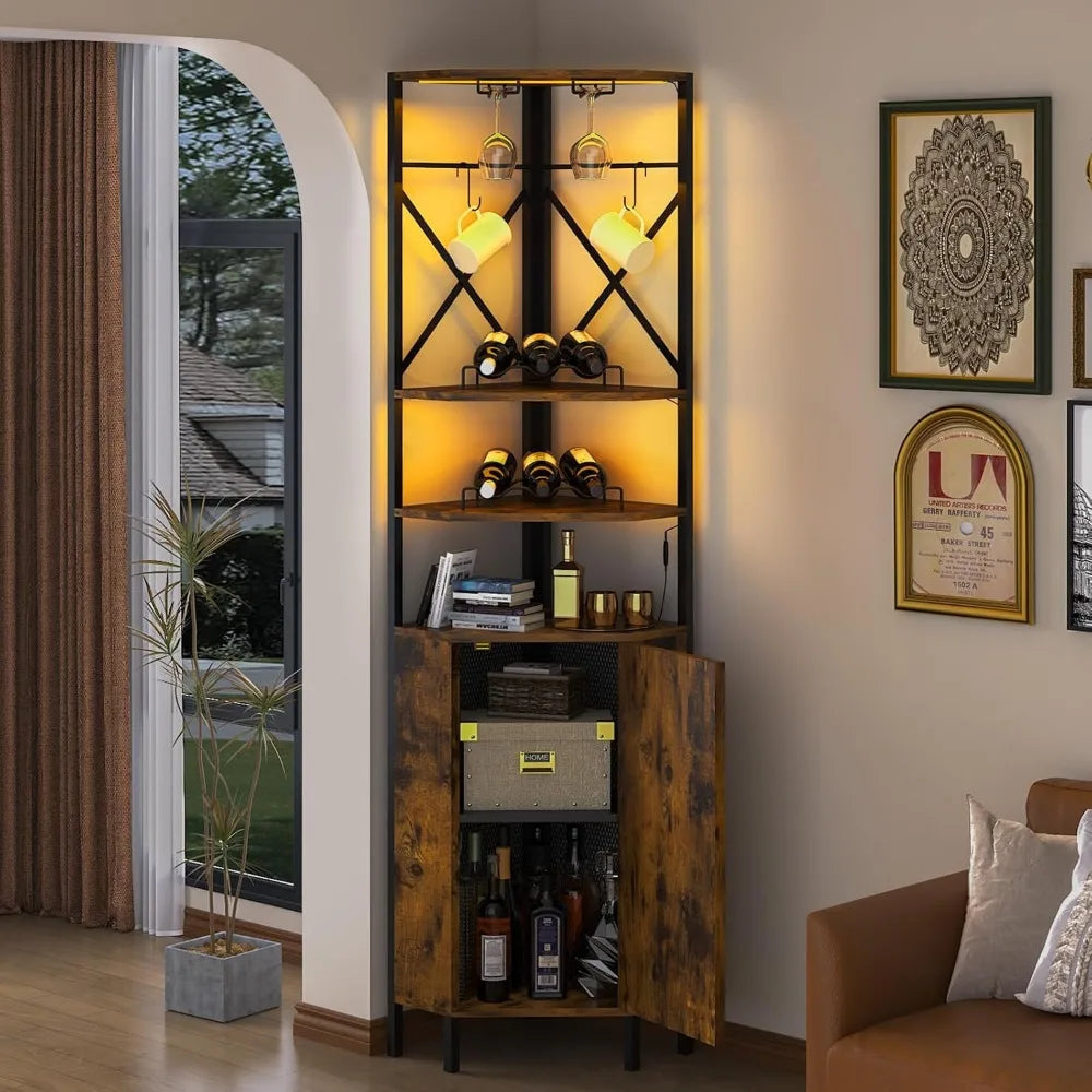 6-Tier Corner Wine Rack with Charging Station LED Lighting Industrial