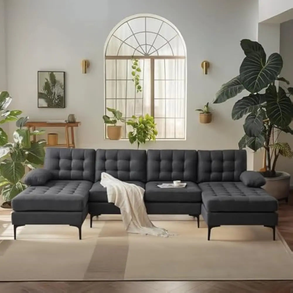 Modern U Shaped Sectional Sofa with Double Chaise, Tufted Button Couch