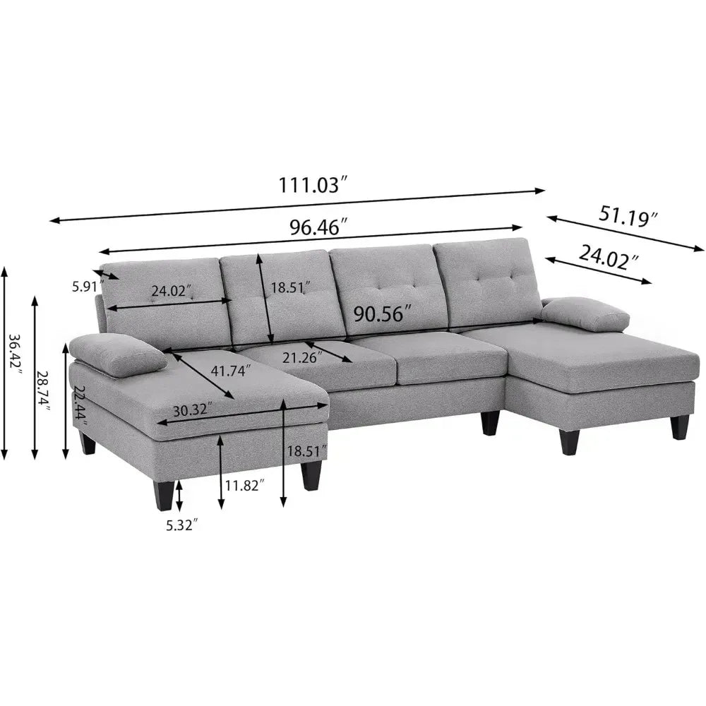 Modern U-Shaped Sectional Couch Polyester 4-Seater Double Chaise