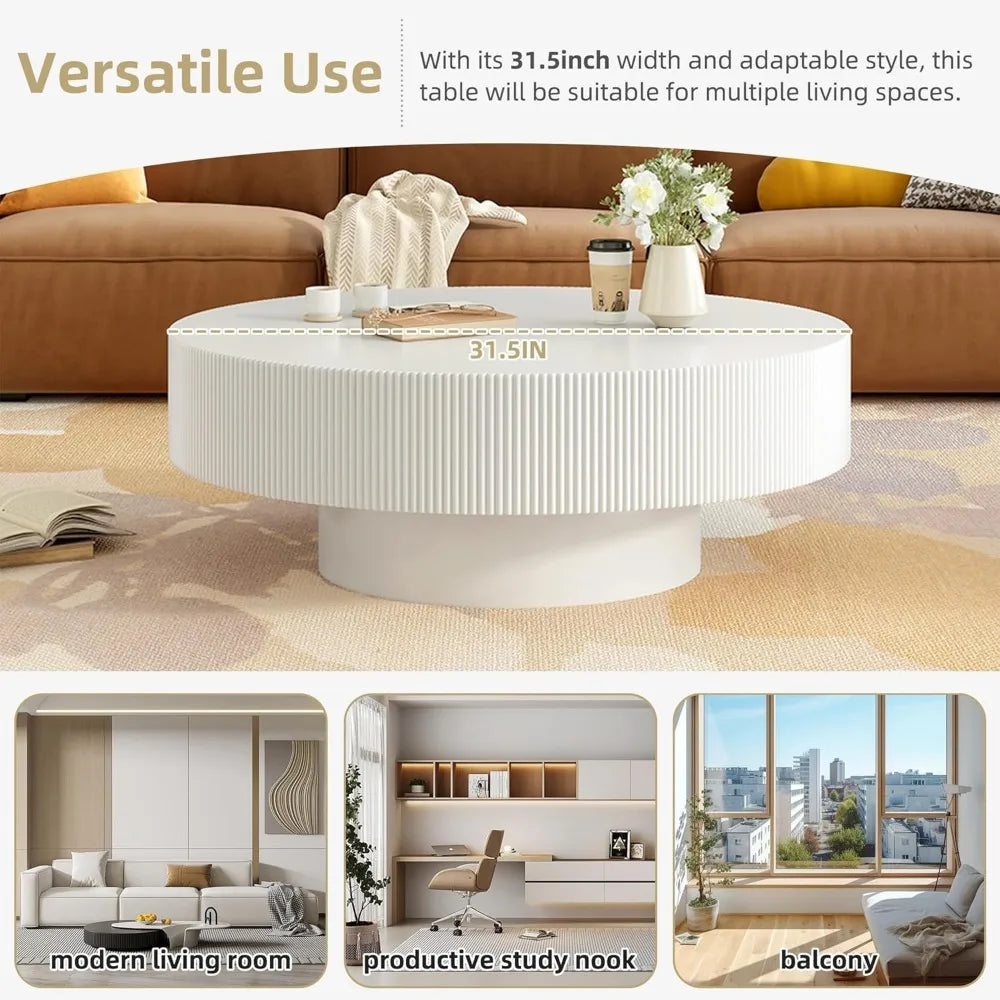 Modern Round Coffee Table 31.5 Inch Thick Top Minimalist Design Living Room