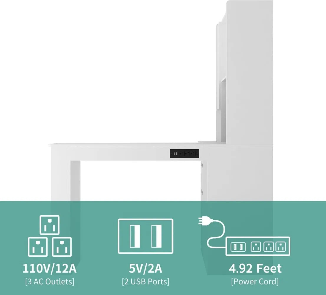 Modern L Shaped Desk with Drawers Bookshelf Corner Home Office LED Light