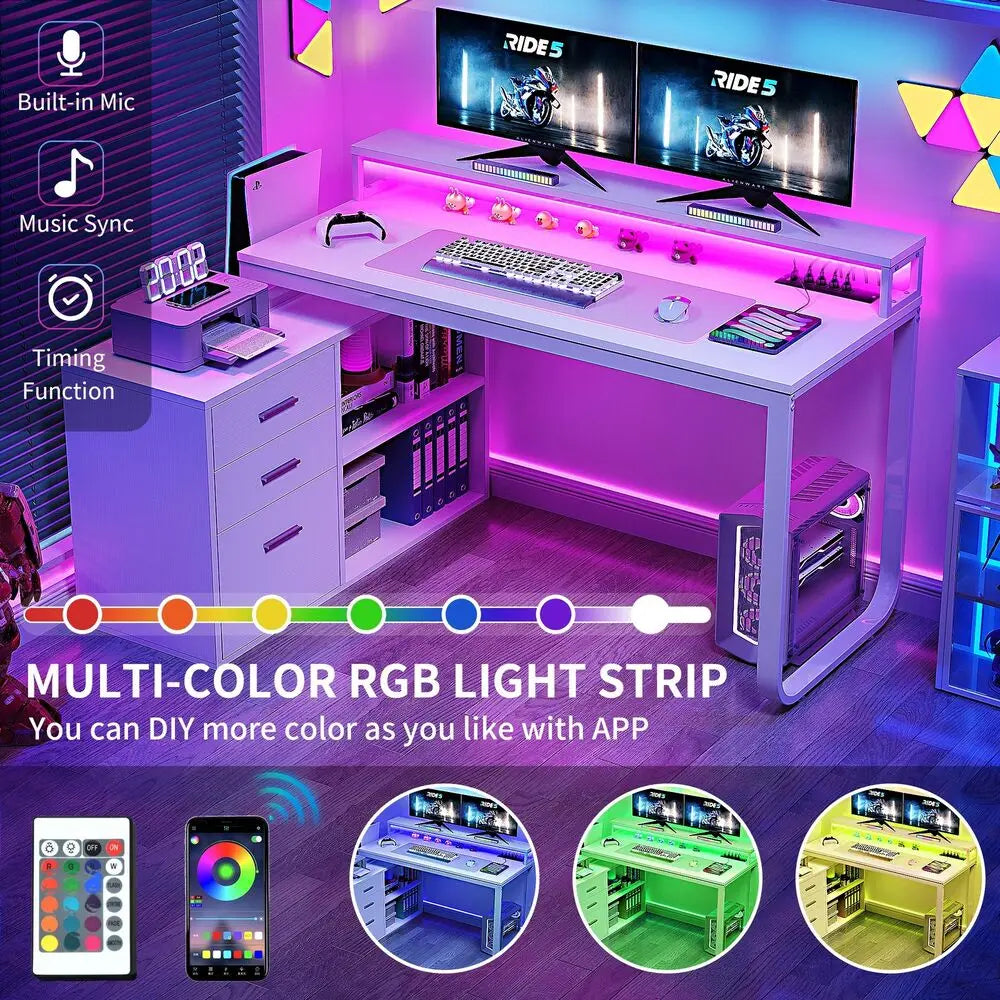 L-Shape Gaming Computer Desk with File Drawers for Home Office