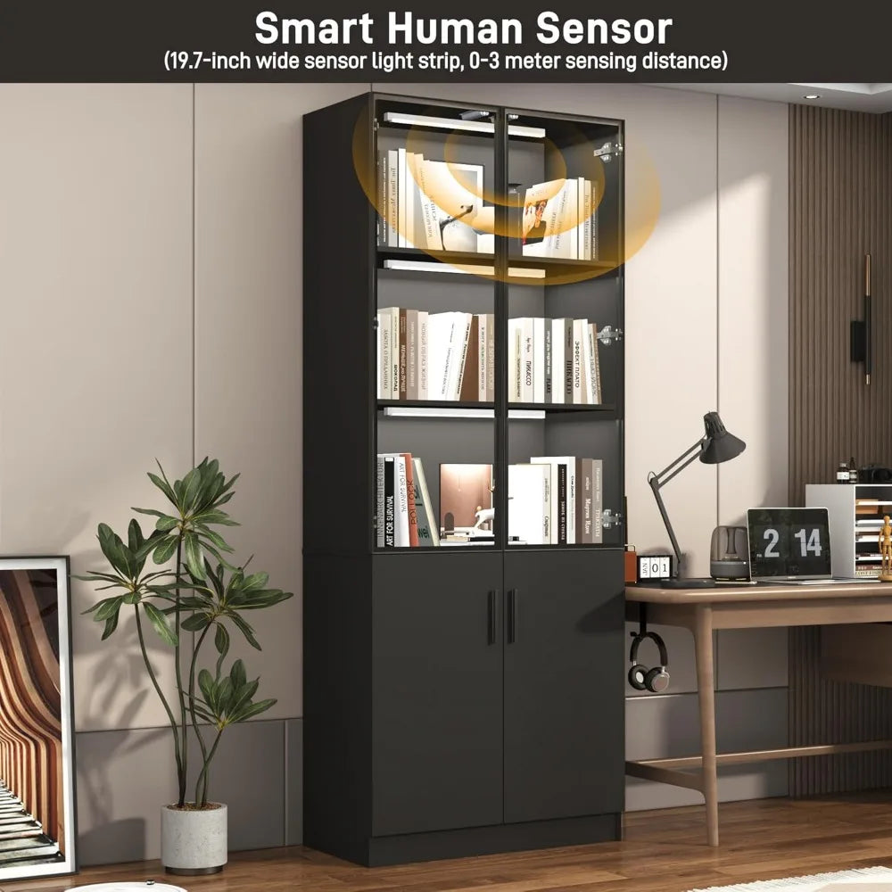 79 Inch Tall Display Cabinet with LED Lights and Pop-up Glass Doors