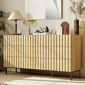 Fluted Dresser 59" Wide 9 Drawer Mid Century Modern Wood Chest