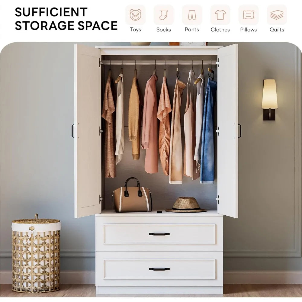 Armoire Wardrobe Closet 2 Doors 2 Drawers 70" H 36" W Wooden Storage