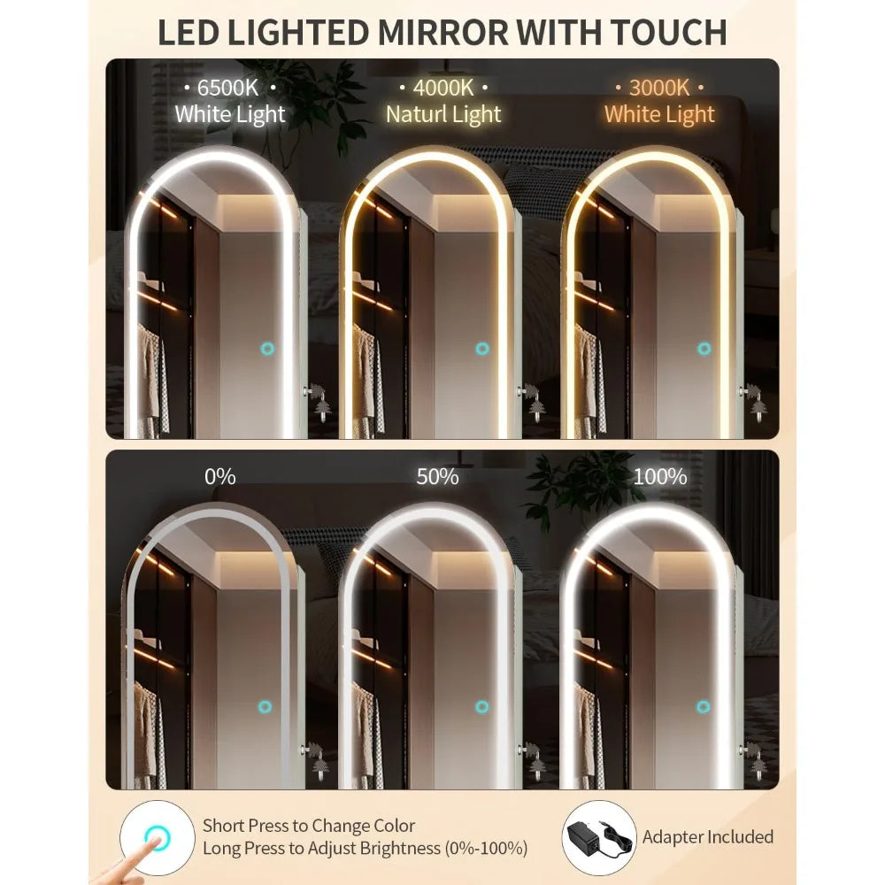 Arched Lighted Mirror Jewelry Cabinet Wall Door Mount Organizer