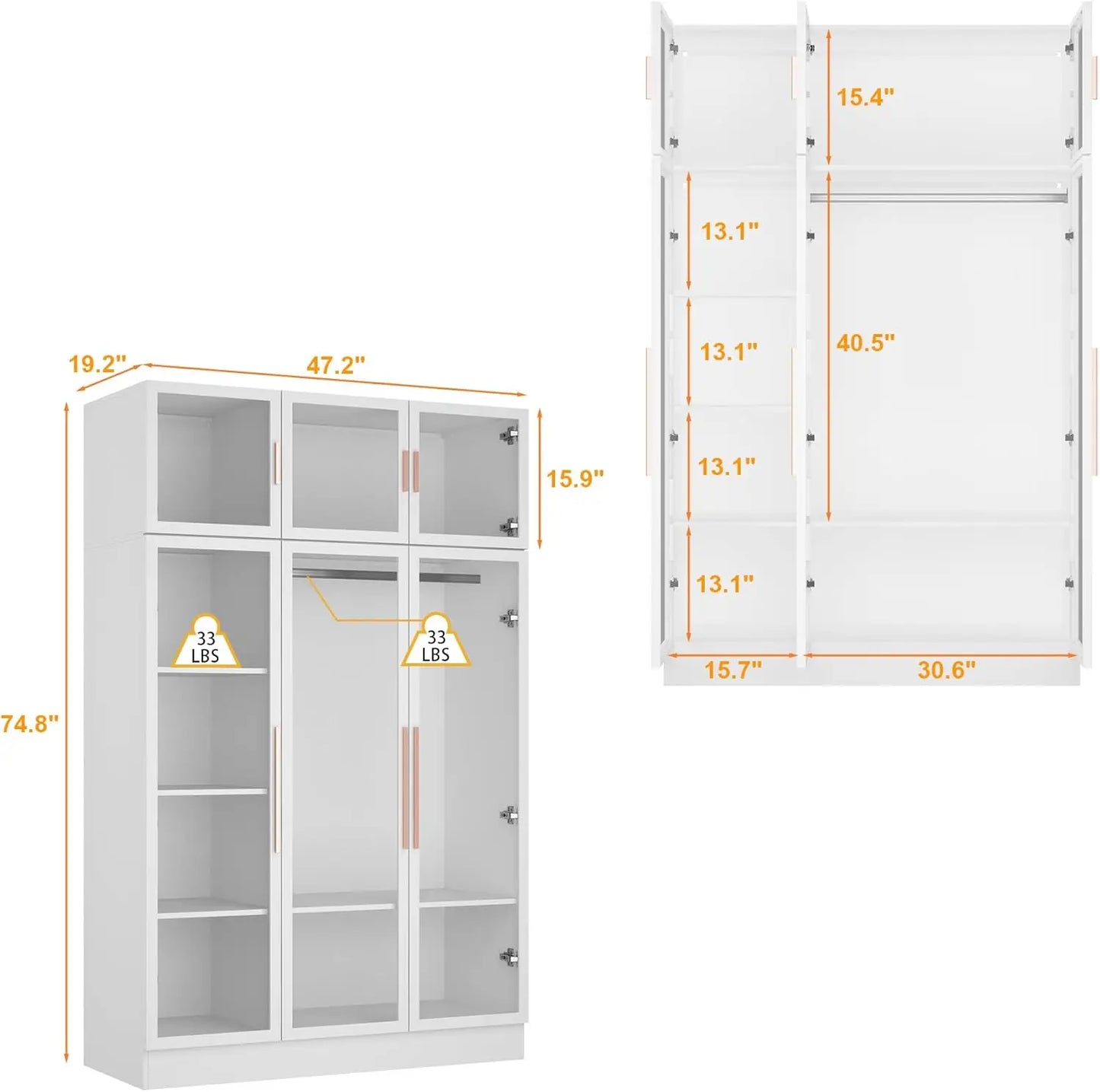 Modern Wardrobe Cabinet with LED Lights Wooden Armoire Closet 47.2"