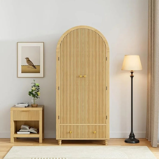 Mid-Century Arched Wooden Wardrobe Freestanding Closet Organizer