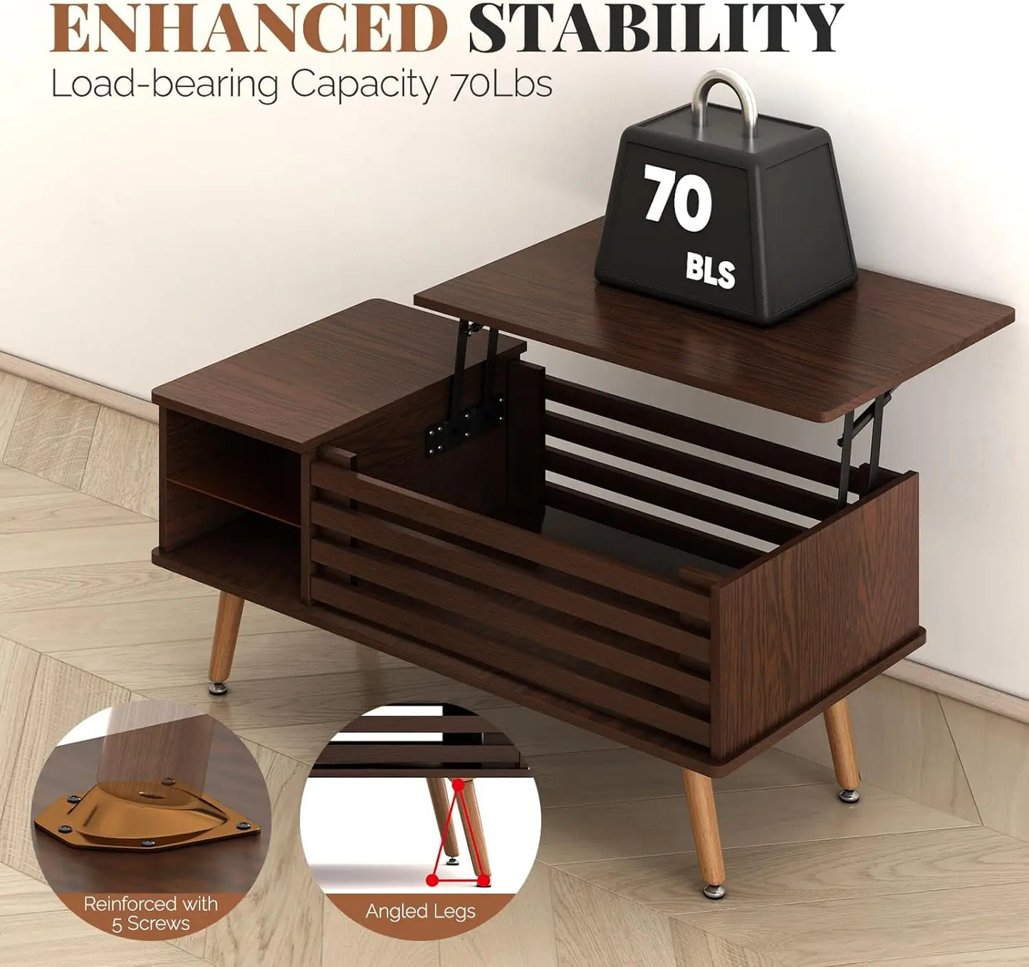 Lift Top Coffee Table with Storage Mid Century Modern Wooden Table