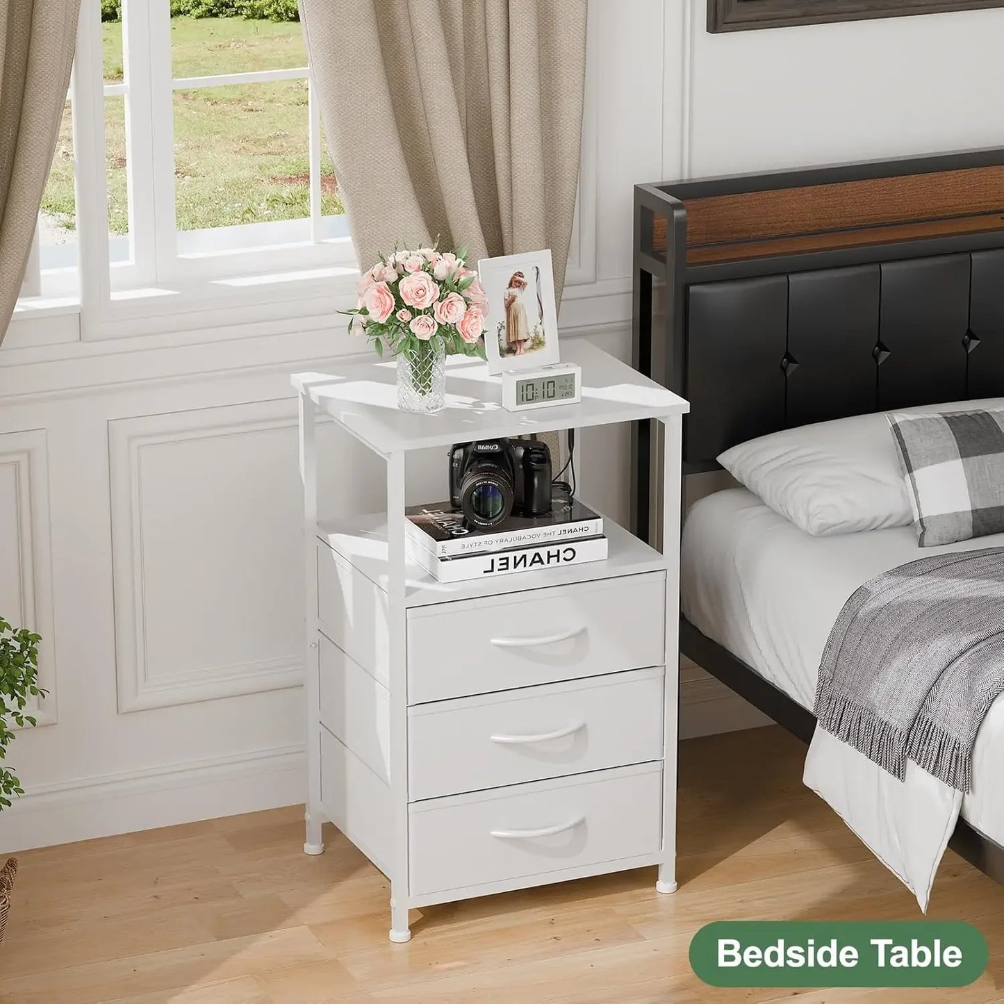 Nightstand with LED Light and 3 Drawers Modern Bedside Table for Bedroom