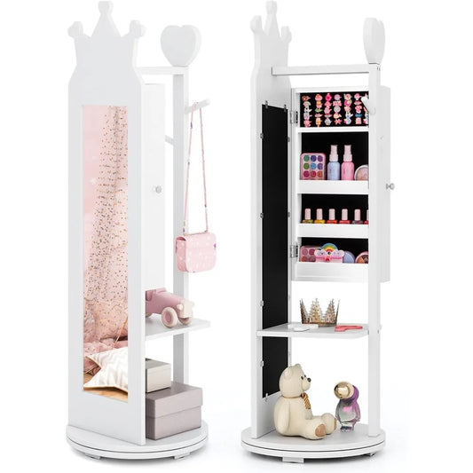 Kids Jewelry Armoire 360° Swivel Cabinet Full Length Mirror Garment Rack