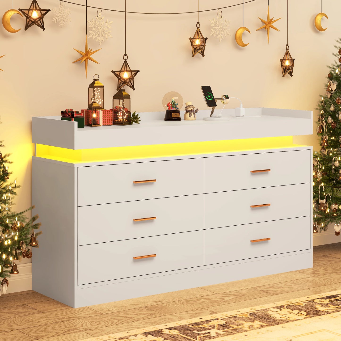 6 Drawer Dresser Modern Chest of Drawers with LED Light for Bedroom